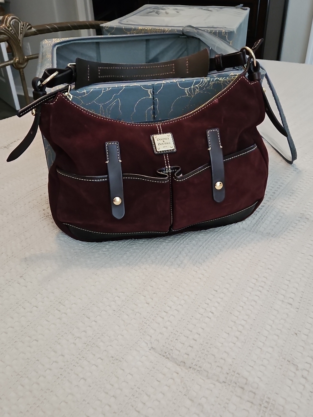 Dooney & Bourke Burgundy Suede Shoulder Bag with Dark Brown Trim